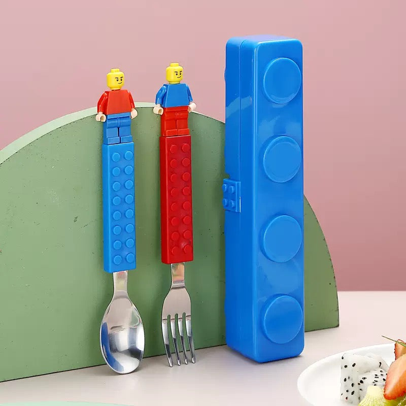 LEGO Style Kids Cutlery Set with Storage Case