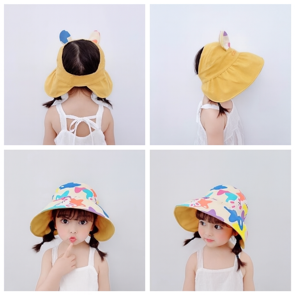 Adorable reversible kids sun hat – two styles in one! 🐻🌈