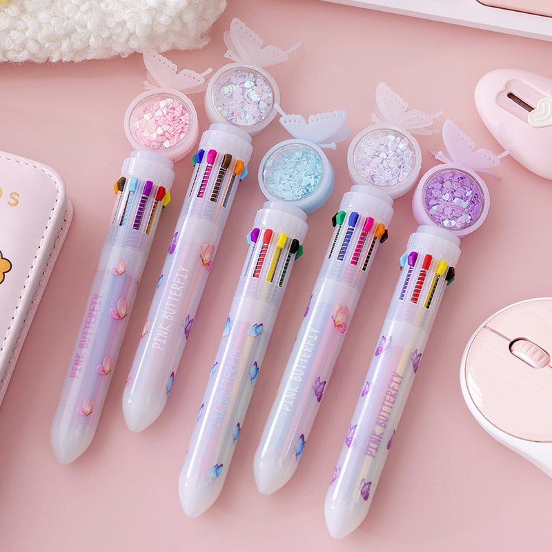 🦋 Glitter Butterfly Multi-Color Pen – 10 Colors in 1 🦋