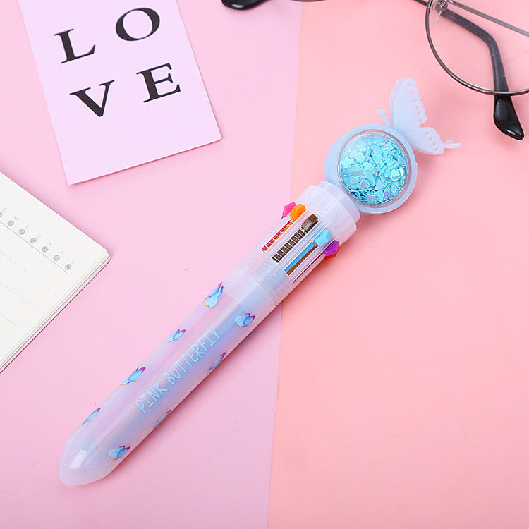 🦋 Glitter Butterfly Multi-Color Pen – 10 Colors in 1 🦋