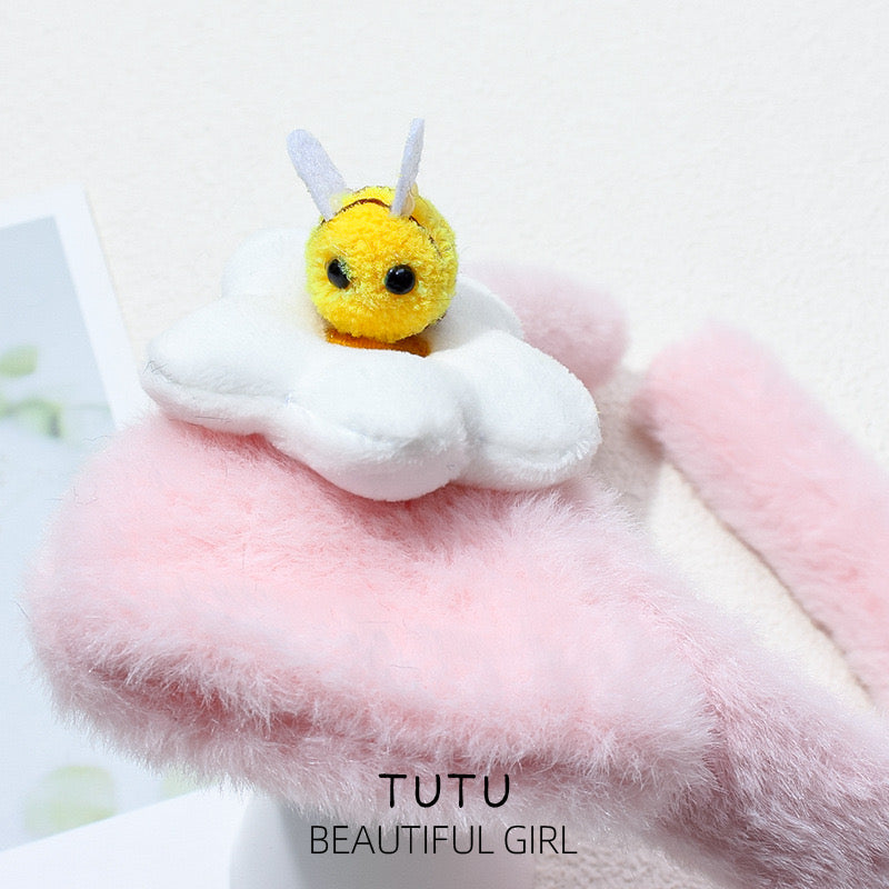 Cute Pink Furry Headband with Cat Ears & Bee Flower Design