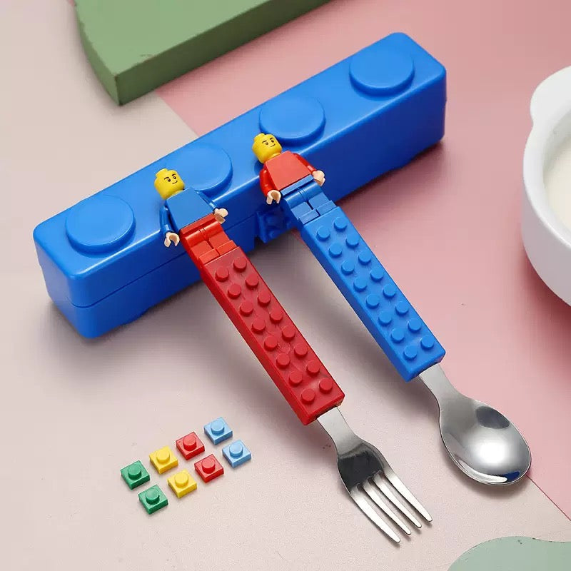 LEGO Style Kids Cutlery Set with Storage Case