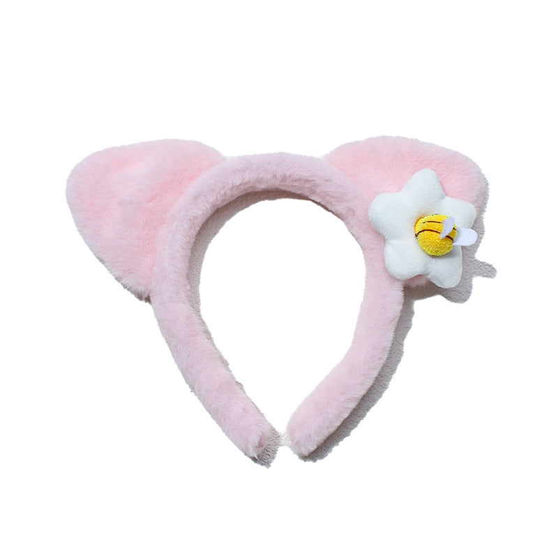 Cute Pink Furry Headband with Cat Ears & Bee Flower Design