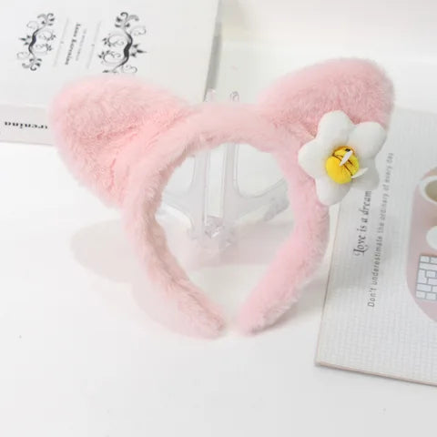 Cute Pink Furry Headband with Cat Ears & Bee Flower Design