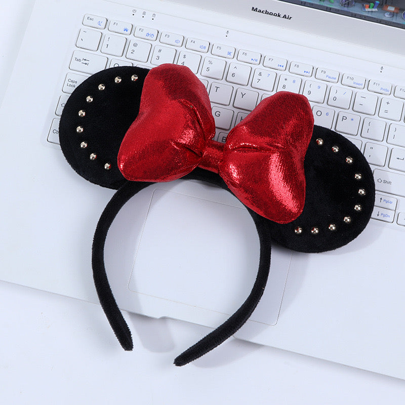 Mouse Ears with Metallic Red and Pink Bow + Stud Detail